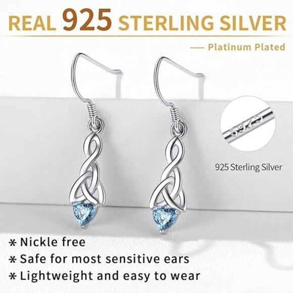 September -Created Sapphire Heart Birthstone Silver Celtic Knot Earrings